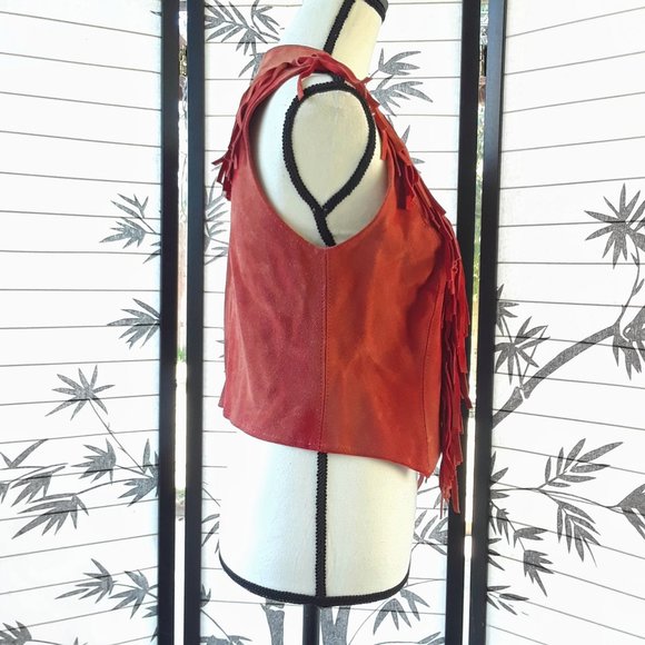 RARE Vintage 1970s Red Sun Faded Suede Fringe Vest Jacket - Picture 8 of 16